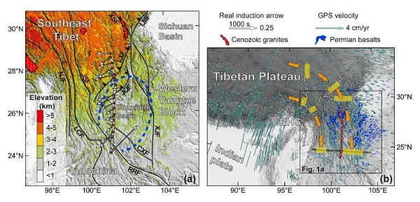 研究发现峨眉山古地幔柱改造岩石圈对青藏高原东南向深部弱物质流阻挡作用的大地电磁证据
