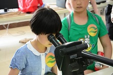 小朋友专注地在显微镜下观看树轮样品
