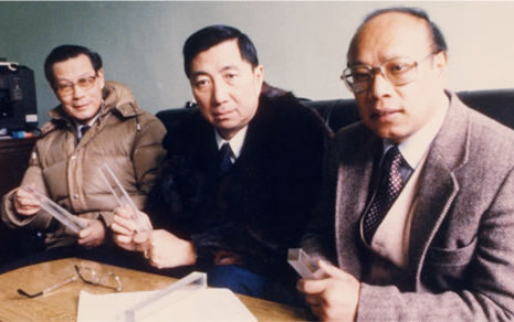 1988年，严东生与丁肇中、郭景坤对锗酸铋晶体样本做检验
